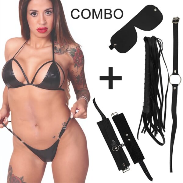 Kit en eco cuero negro con antifaz, mordaza, esposas, látigo y conjunto en vinilo.