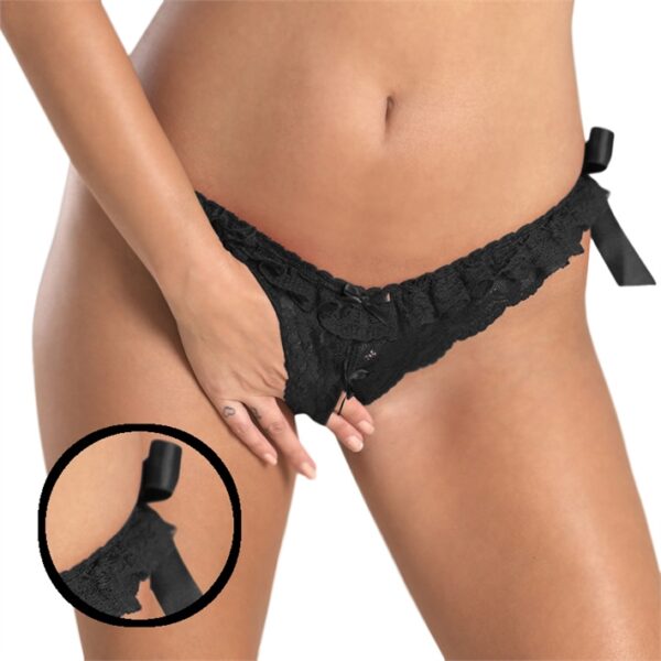 Tanga abierta abajo, desmontable, en encaje y lazo lateral en seda.