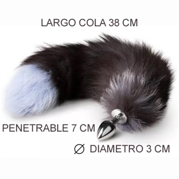 Plug en metal con cola de zorro negro con gris/blanco